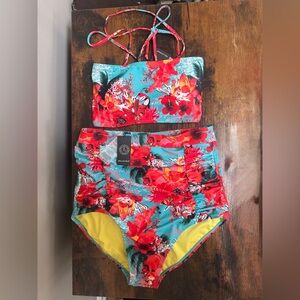 RELLECIGA Turquoise Floral High-Waist Bikini with Red & Yellow Accents